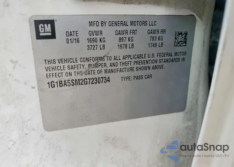 2016 Chevrolet Cruze L from USA, damaged, VIN 1G1BA5SM2G7230734